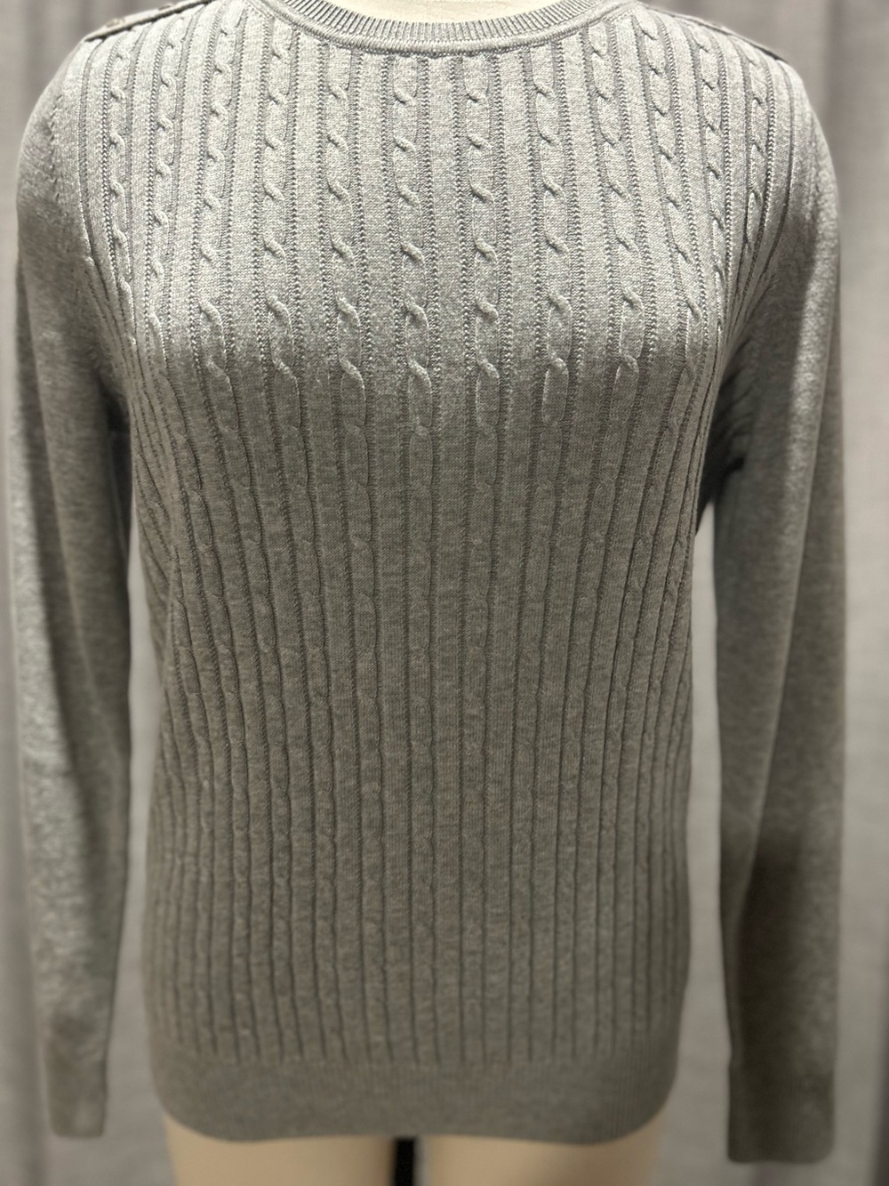 Kim Rogers Light Gray Cable-Knit Crewneck Sweater